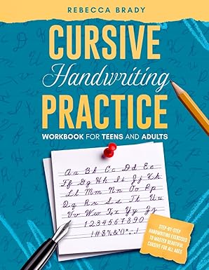 Cursive Handwriting Practice workbook cover features a colorful design with cursive letters and a pencil, aimed at helping teens and adults improve their handwriting skills.